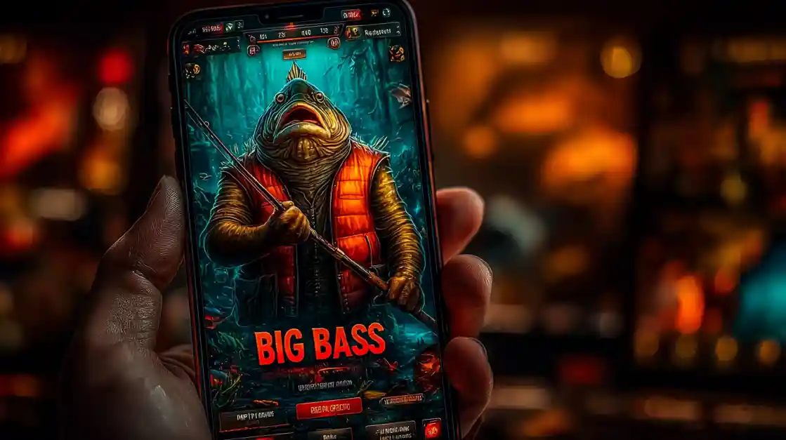 A close-up of a hand holding a smartphone showcasing a BIG BASS fishing game, featuring an anthropomorphic fish character, highlighting the engaging casual games on bd77.