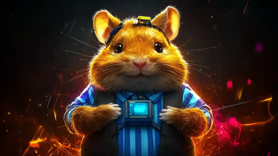 A cute and tech-savvy hamster character wearing a vest and a headset, with a friendly expression, representing the playful and innovative spirit of bd77.
