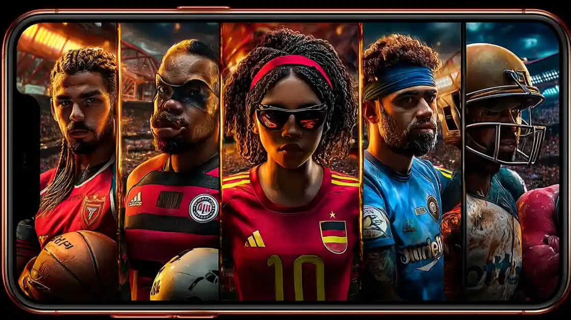 A smartphone screen displays a powerful collage of diverse male and female athletes from various sports, including football and soccer, representing the comprehensive sports betting options at bd77.