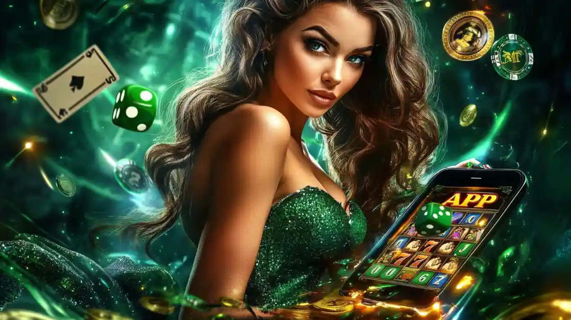 An enchanting woman with flowing hair, adorned in green, gazes captivatingly, surrounded by floating cards, dice, and coins, alongside a smartphone featuring the bd77 gaming app.