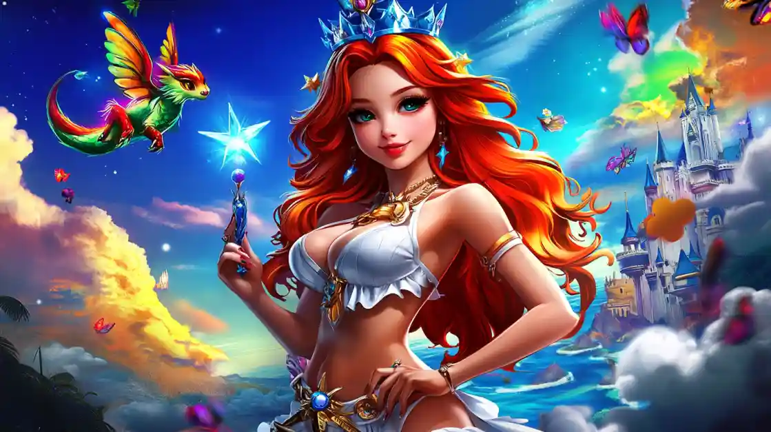A vibrant fantasy scene featuring a beautiful princess with fiery red hair and a crown, holding a magic wand, with a small winged dragon and a fairytale castle in the background, embodying the magical world of bd77.