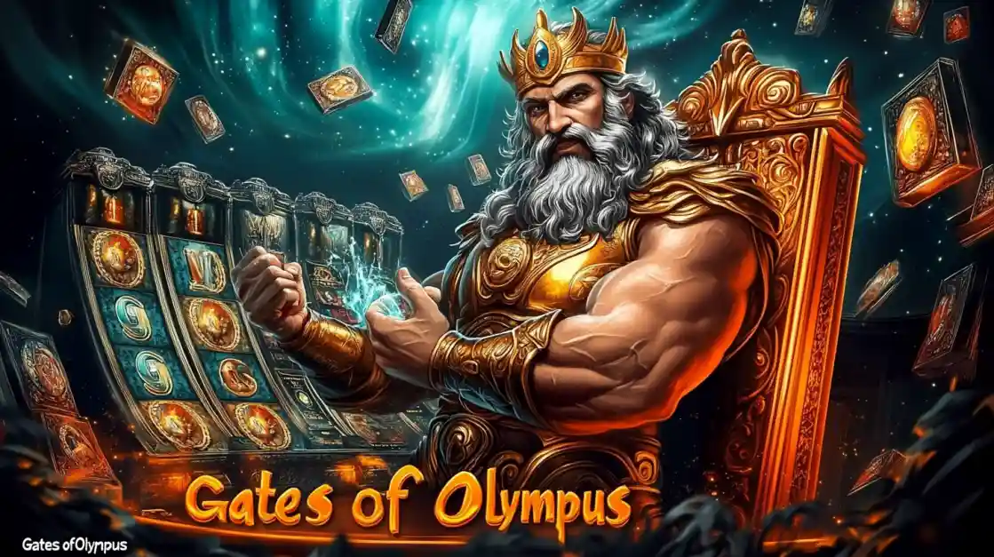 A majestic Zeus figure on a golden throne, surrounded by floating cards and a bd77 slot machine, with Gates of Olympus prominently displayed, inviting players to a mythical gaming experience.