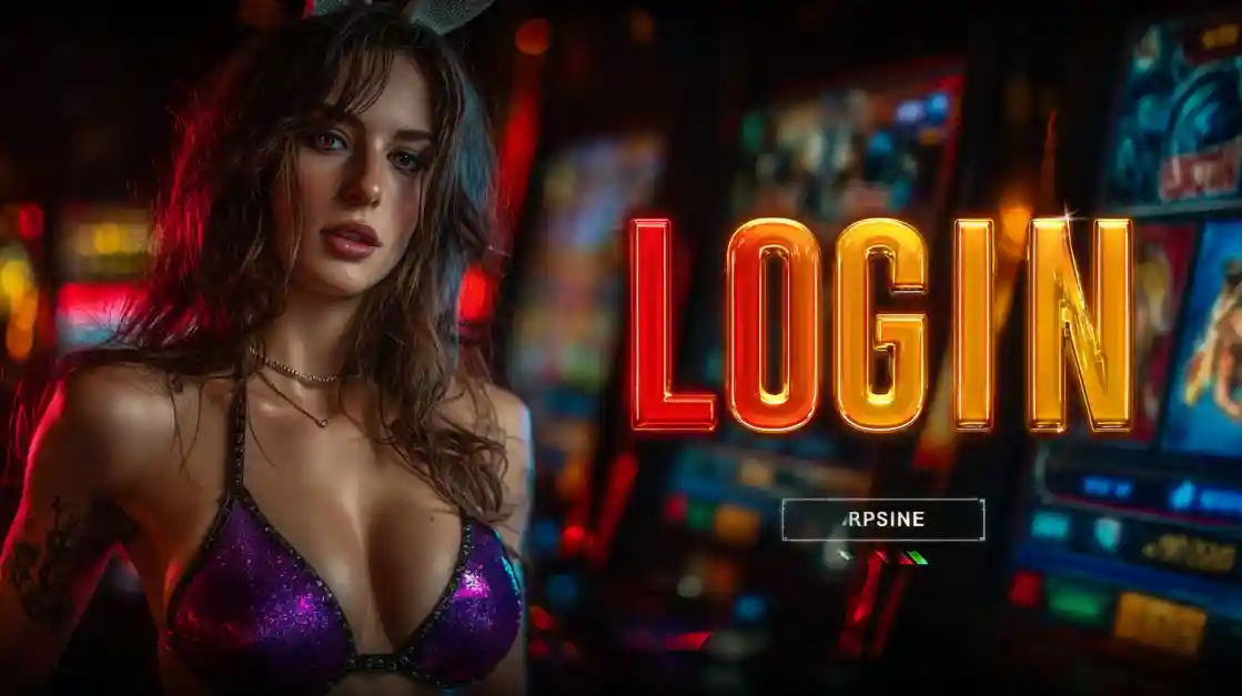 A captivating woman in a shimmering top stands beside a prominent LOGIN interface, with bd77 slot machines softly blurred in the background, inviting users to enter the world of bd77.