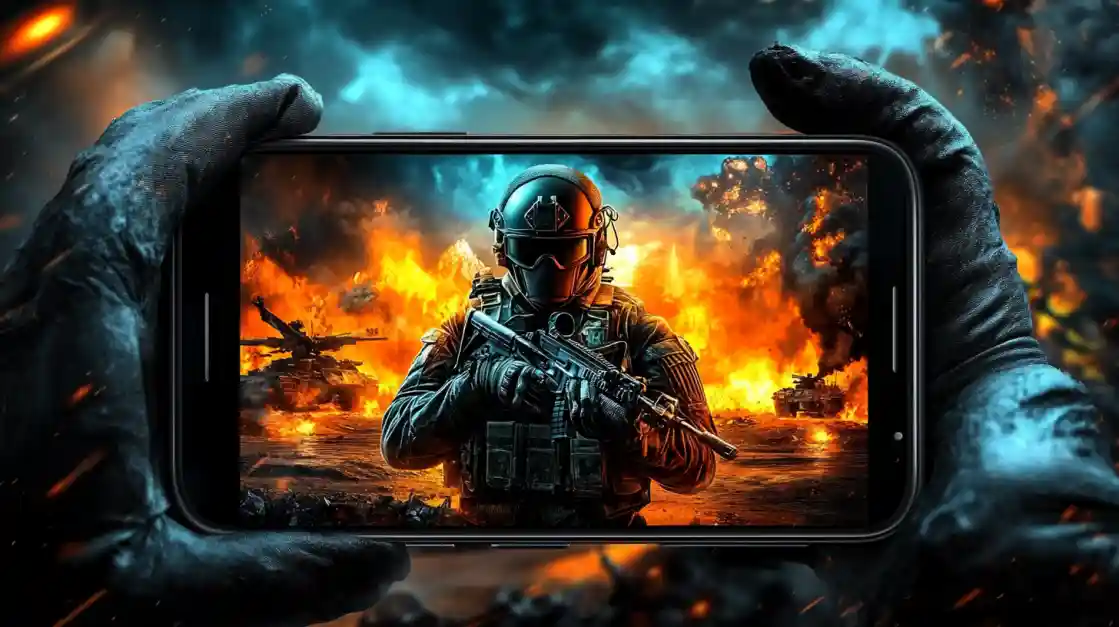 Hands holding a smartphone displaying an intense military shooter game with a soldier amidst explosions and tanks, showcasing the immersive action available on bd77.