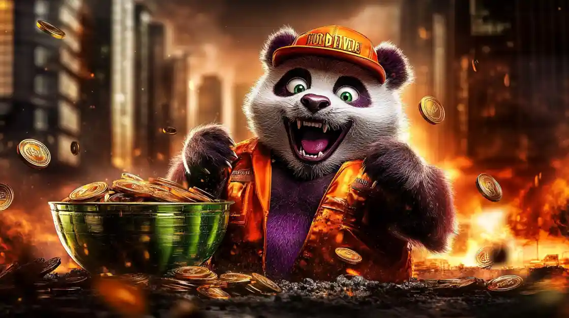 A cheerful panda character wearing an orange cap and jacket, surrounded by golden coins and a bowl of money, symbolizing wealth and good fortune with bd77.
