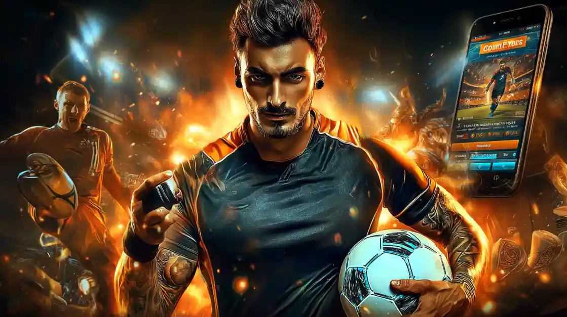 An intense male soccer player with tattoos holds a football, looking confidently at the camera with a bd77 sports betting app on a phone beside him, all set against a fiery action background.