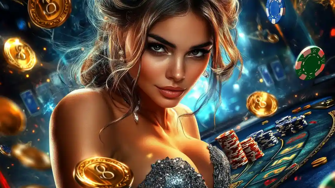 A beautiful woman in a glittering dress gives a captivating look while at a bd77 casino table, surrounded by floating gold coins, casino chips, and a roulette wheel.