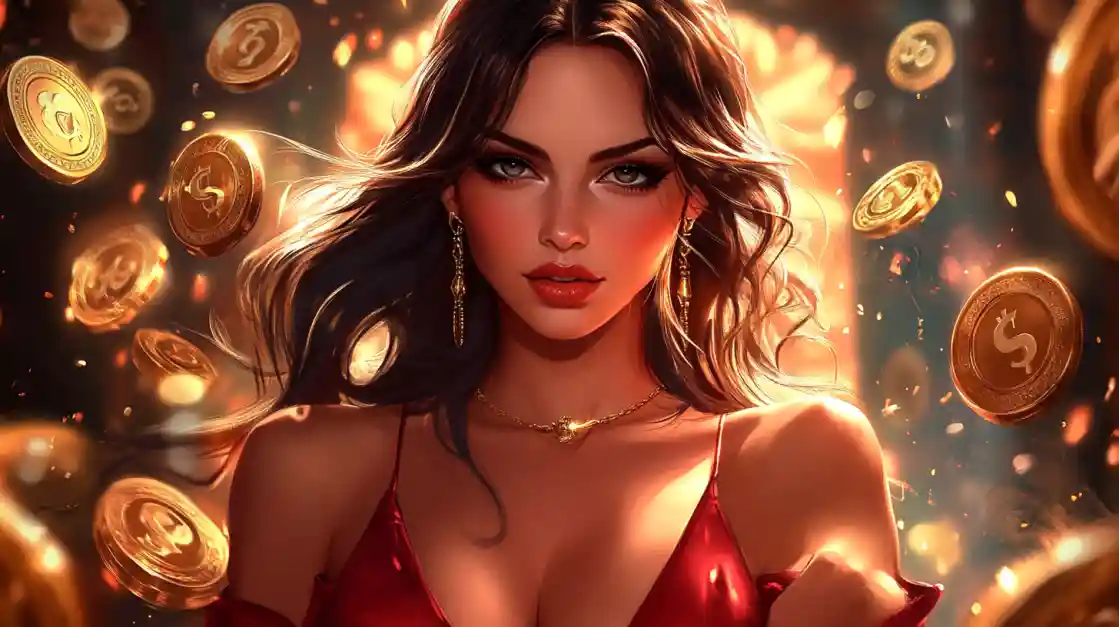 A stunning woman in a red dress, adorned with delicate jewelry, looks directly at the viewer as a shower of golden bd77 coins rains down around her, symbolizing big wins.
