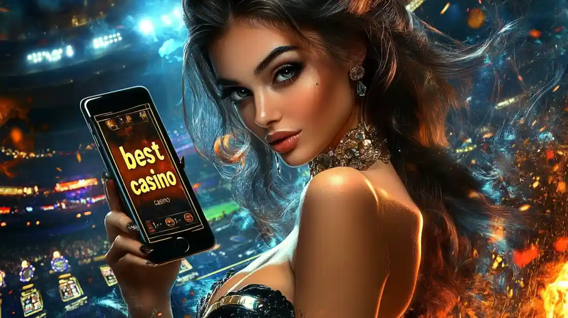 An alluring woman holds a smartphone with the best casino app from bd77 glowing on the screen, set against the backdrop of a brightly lit stadium and ambient flames.