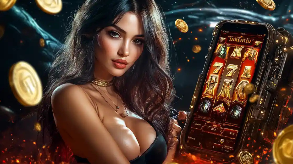 A beautiful woman in a black top looks confidently at the viewer while holding a smartphone displaying a bd77 mobile slot game with 777 symbols and golden coins.