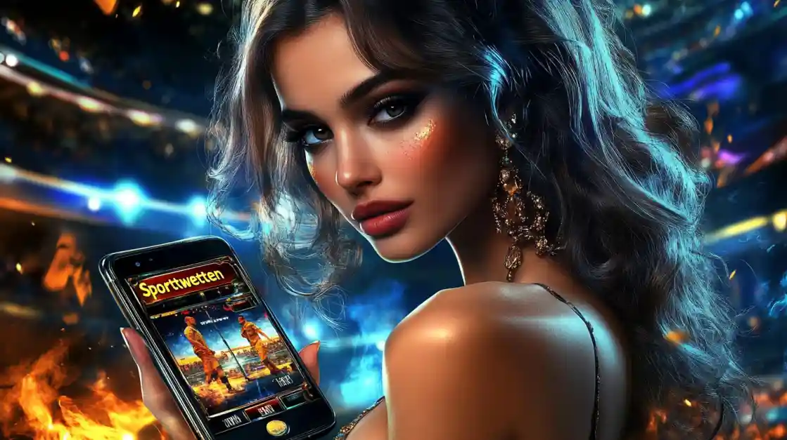 A glamorous woman with elegant makeup looks over her shoulder, holding a smartphone displaying the bd77 sports betting app against a vibrant stadium backdrop with fire effects.